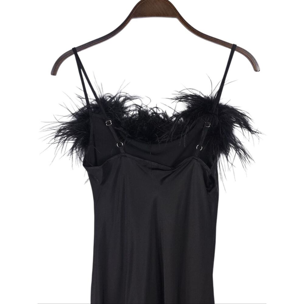 Sleeper Boheme Satin Midi Slip Dress Black Ostrich Feather Trim - Picture 8 of 12